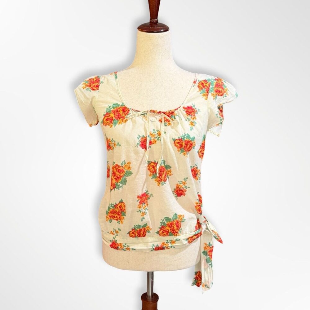 Short Sleeve Cream Orange Blossom Flower 100% Cotton Bow Waist Bubble Top, S